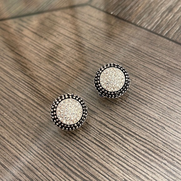 Vintage Round Button Clip Earrings with Rhinestone Pave Centers - Picture 2 of 11